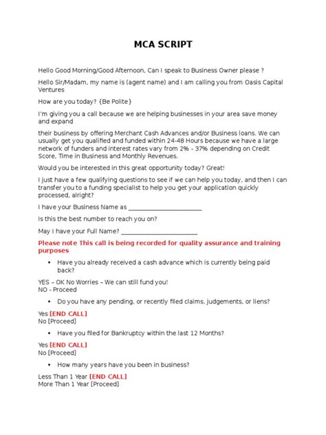 mca sales script|Mca Script: Please Note This Call Is Being Recorded For Quality .